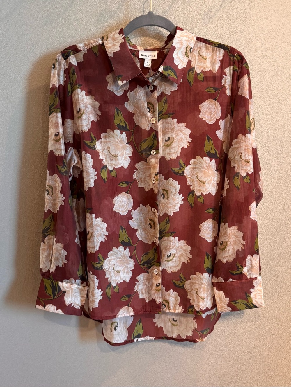 Bailey 44 Burgundy Floral Button-Down Blouse with Cream Blossoms